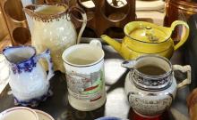 ANTIQUE POTTERY JUGS, TEAPOT, ETC.