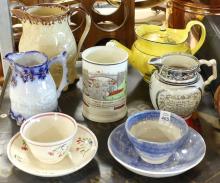 ANTIQUE POTTERY JUGS, TEAPOT, ETC.