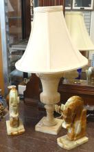 ALABASTER LAMP AND ONYX BOOKENDS
