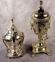 SILVER PLATE TIP KETTLE AND WATER URN
