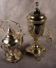 SILVER PLATE TIP KETTLE AND WATER URN