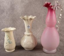 TWO BELLEEK VASES AND CASED GLASS EWER