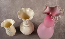 TWO BELLEEK VASES AND CASED GLASS EWER