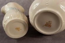 TWO BELLEEK VASES AND CASED GLASS EWER