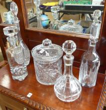CRYSTAL DECANTERS AND BISCUIT JAR