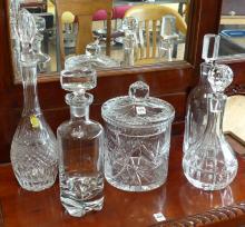 CRYSTAL DECANTERS AND BISCUIT JAR