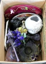 BOX LOT OF ART GLASS, CERAMICS, ETC.