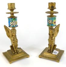 PAIR BRASS & ENAMEL CANDLESTICKS