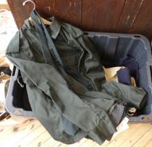 TWO BINS OF MILITARY CLOTHING, ETC.