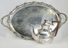 SILVER PLATED TRAY AND COFFEE POT
