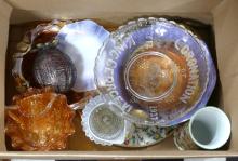 BOX LOT OF CARNIVAL GLASS, CHINA, ETC.