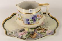 HAND-PAINTED FRENCH PORCELAIN PITCHER AND TRAY