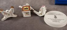THREE DERBY PAPERWEIGHTS AND DOULTON DISH