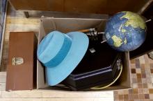 TWO HATS, HAT BOX, CLOCK, GLOBE AND BAR SET