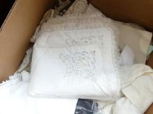 TWO BOX LOTS OF LINENS AND CLOTHING