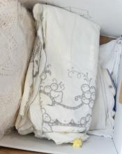 TWO BOX LOTS OF LINENS AND CLOTHING