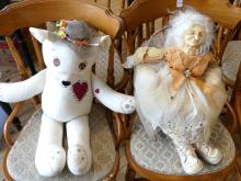 TWO TEDDY BEARS, DOLL AND CHAIR