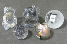 FIVE ART GLASS PAPERWEIGHTS