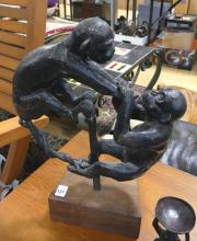 METAL "MONKEYS" SCULPTURE AND CANDLEHOLDER