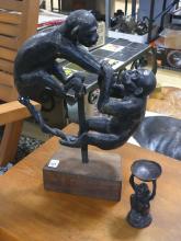 METAL "MONKEYS" SCULPTURE AND CANDLEHOLDER