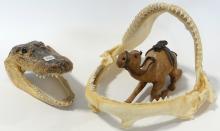 SHARK JAW, ALLIGATOR HEAD AND CAMEL FIGURINE