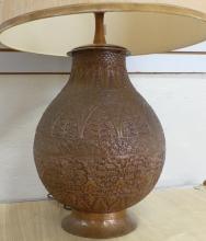 ORNATE TEAK AND COPPER TABLE LAMP