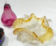 THREE ART GLASS PAPERWEIGHTS AND BOWL