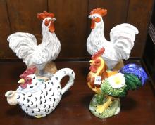 "ROOSTER" FIGURINES, TEAPOT AND BOWL