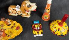 SIX VINTAGE TIN TOYS