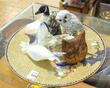 BIRD FIGURINES, CARVINGS AND PLATE