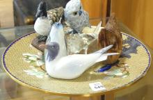 BIRD FIGURINES, CARVINGS AND PLATE