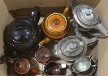 BOX LOT OF TEAPOTS, ETC.