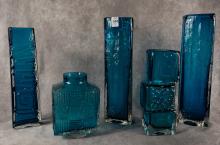 FIVE MCM BLUE ART GLASS VASES