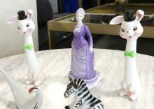 FIVE FIGURINES, BUTTER DISH AND CREAMER