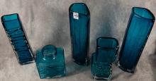 FIVE MCM BLUE ART GLASS VASES