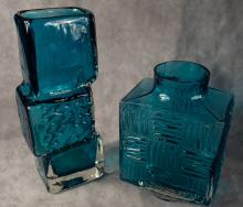 FIVE MCM BLUE ART GLASS VASES