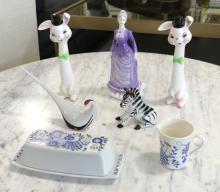 FIVE FIGURINES, BUTTER DISH AND CREAMER