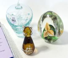 THREE ART GLASS PAPERWEIGHTS AND TRAY