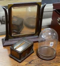 SHAVING MIRROR, GLASS DOME AND CIGARETTE BOX