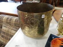 TWO BRASS JARDINIERES AND WALL PLANTER