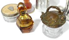 PERFUME BOTTLES, DRESSER JARS AND FIGURINE