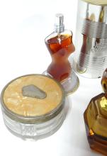 PERFUME BOTTLES, DRESSER JARS AND FIGURINE