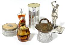 PERFUME BOTTLES, DRESSER JARS AND FIGURINE