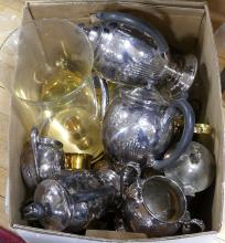 BOX LOT OF SILVERPLATE AND BRASS