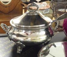 SILVER PLATE TUREEN AND MIRRORED PLATEAU