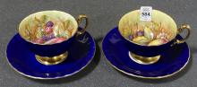 PAIR OF HAND-PAINTED AYNSLEY CUPS AND SAUCERS