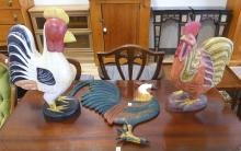 THREE LARGE WOODEN ROOSTERS