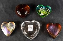 FIVE "HEART-SHAPED" ART GLASS PAPERWEIGHTS