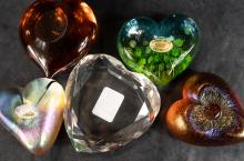 FIVE "HEART-SHAPED" ART GLASS PAPERWEIGHTS