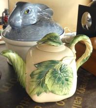 POTTERY CASSEROLES, TEAPOT AND CENTREPIECE